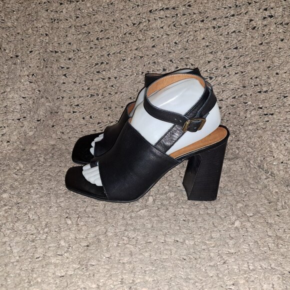 L'INTERVALLE-Black Leather- Dbl Wrap Ankle Strap-Toe Post-Block Heel-Sz 40-NWOB - Picture 2 of 8